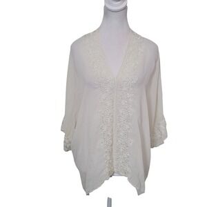 Renzo + Kai S Kimono‎ Top Womens Cream Beaded Silk Ribbon Embroidered Kaftan